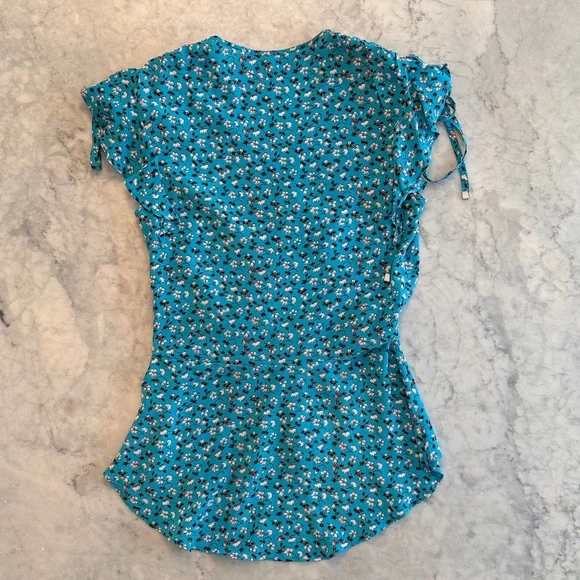 Veronica Beard Turquoise Blue Floral short sleeve Sz 2 XS S Silk Blouse EUC - Picture 4 of 8